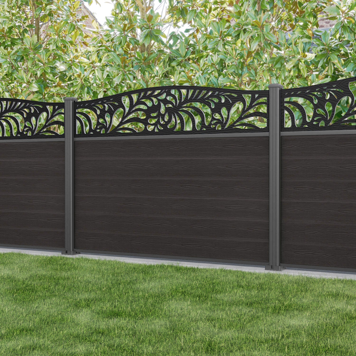 Classic Petal Curved Top Fence Panel - Dark Oak - with our aluminium posts