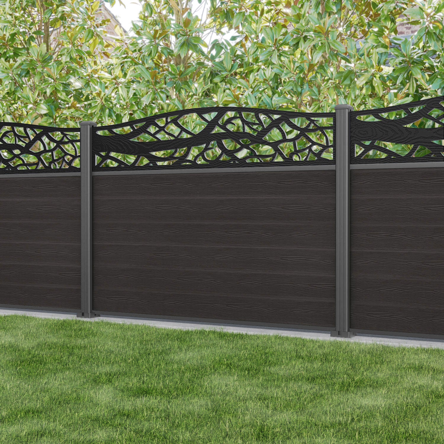 Classic Twilight Curved Top Fence Panel - Dark Oak - with our aluminium posts