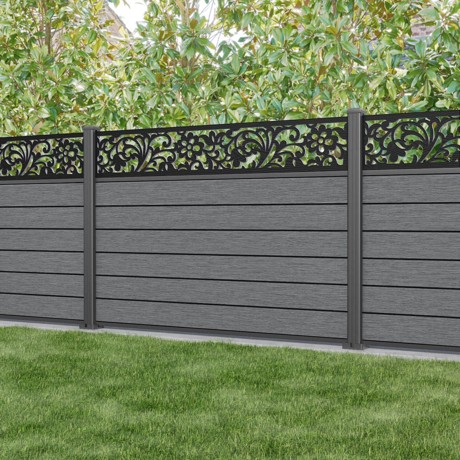 Fusion Eden Fence Panel - Mid Grey - with our aluminium posts