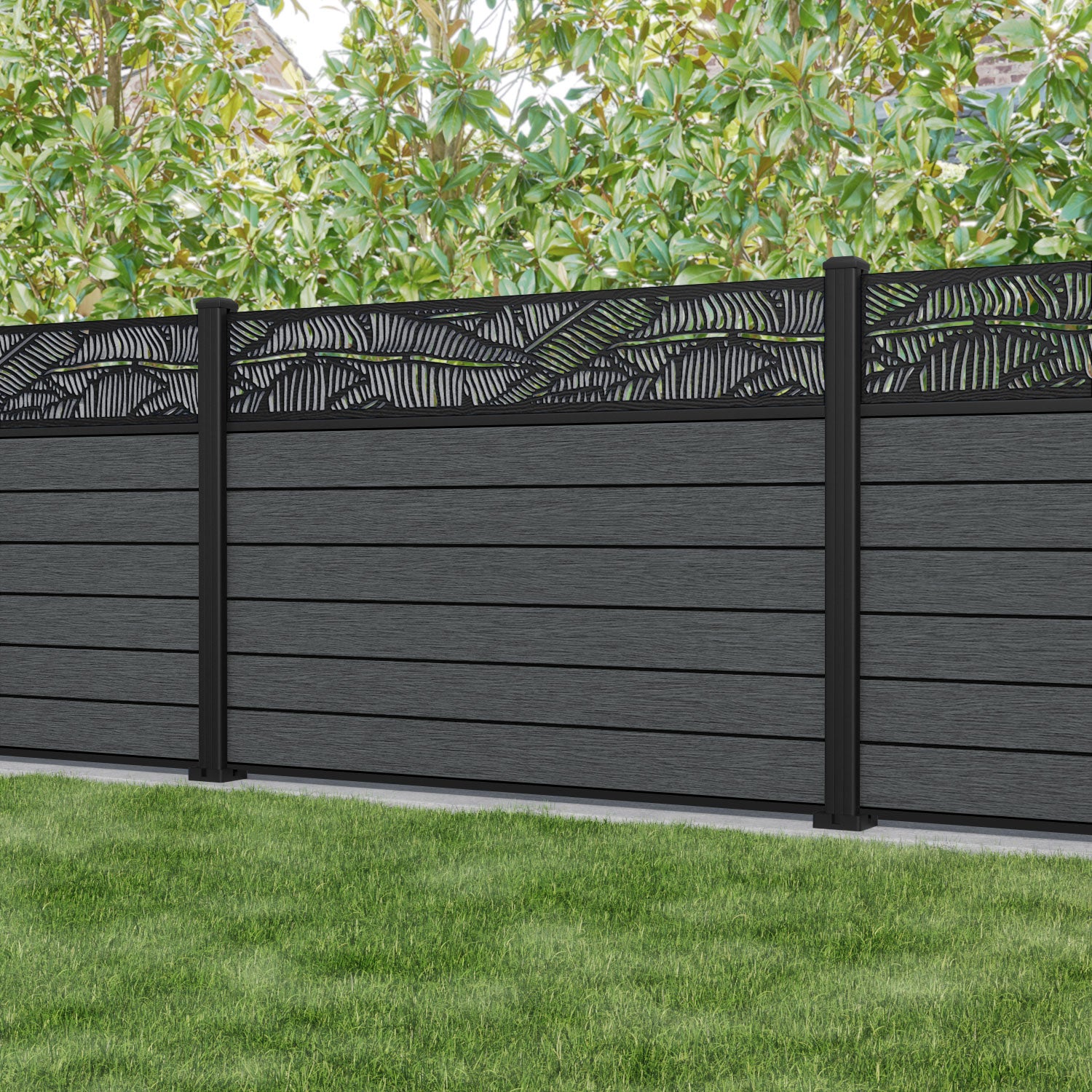 Fusion Feather Fence Panel - Dark Grey - with our aluminium posts