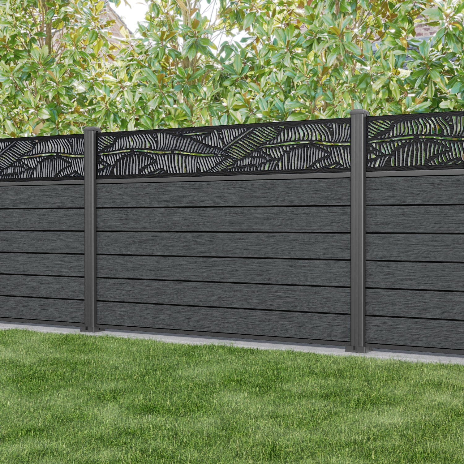 Fusion Feather Fence Panel - Dark Grey - with our aluminium posts