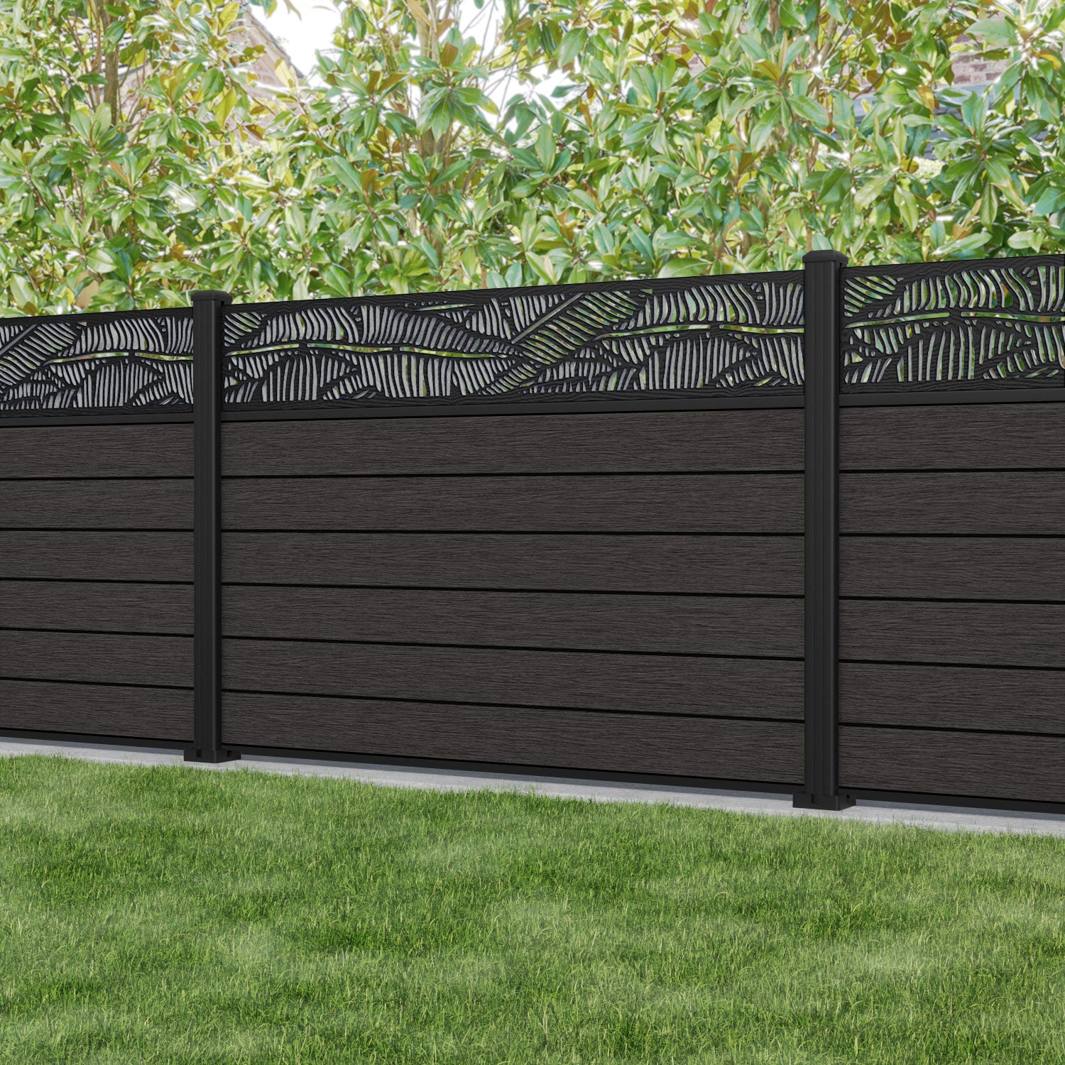 Fusion Feather Fence Panel - Dark Oak - with our aluminium posts