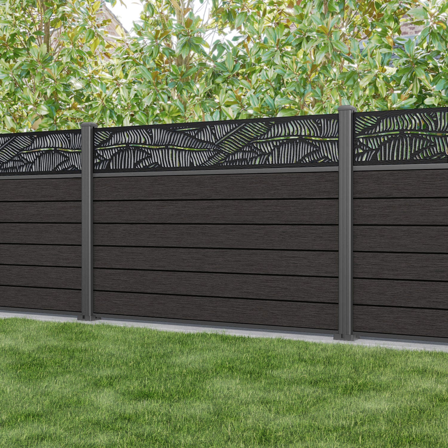 Fusion Feather Fence Panel - Dark Oak - with our aluminium posts