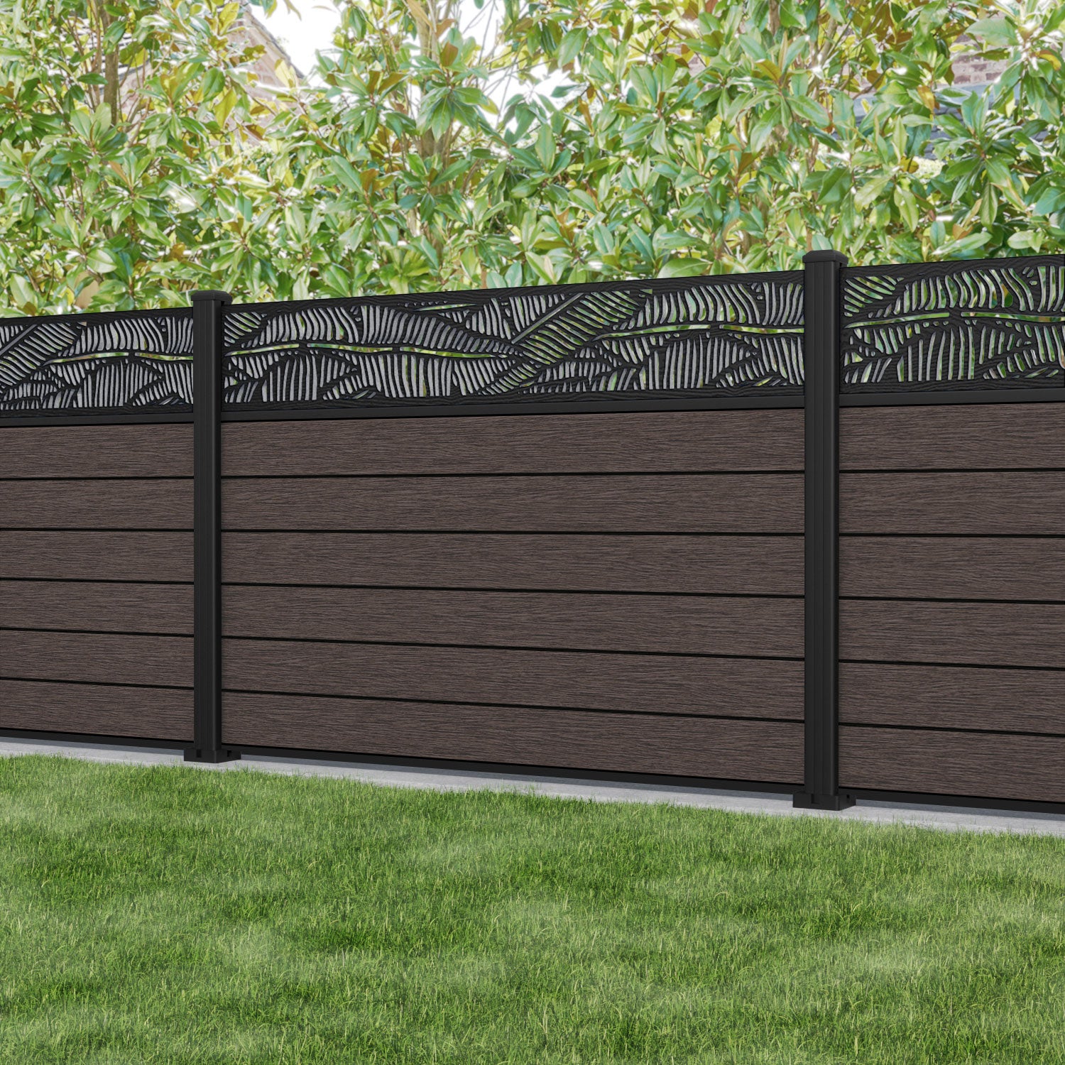 Fusion Feather Fence Panel - Mid Brown - with our aluminium posts