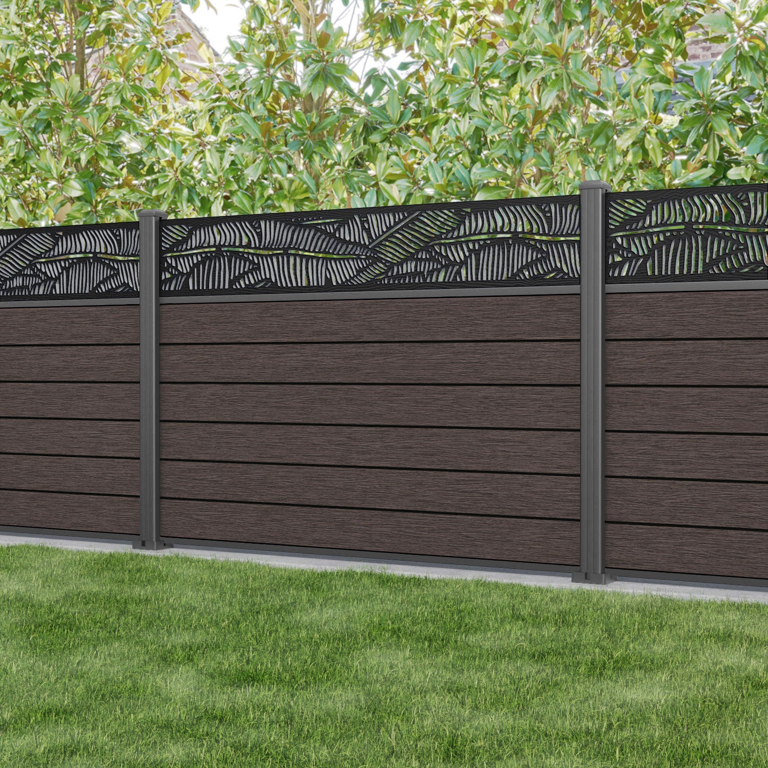 Fusion Feather Fence Panel - Mid Brown - with our aluminium posts