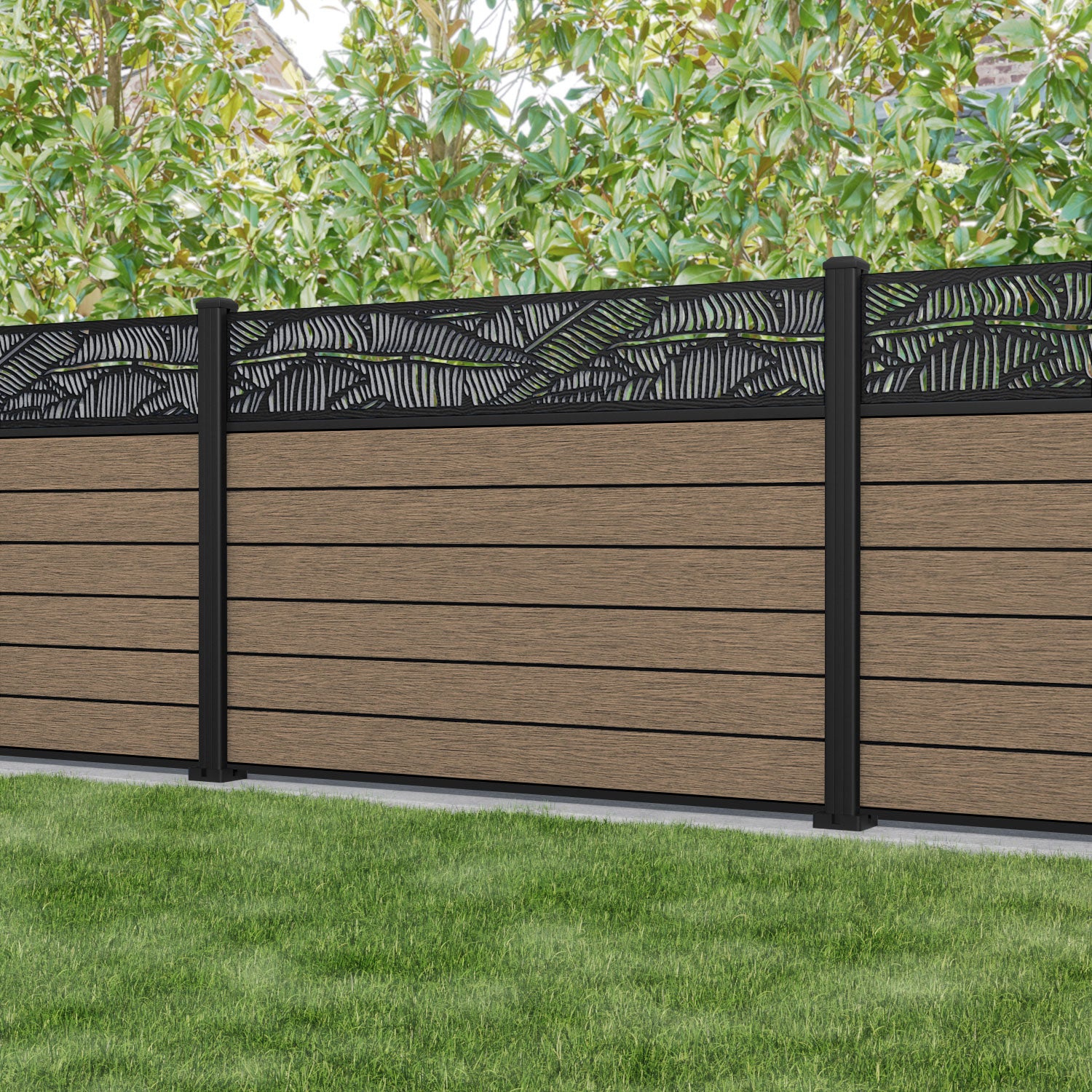 Fusion Feather Fence Panel - Teak - with our aluminium posts