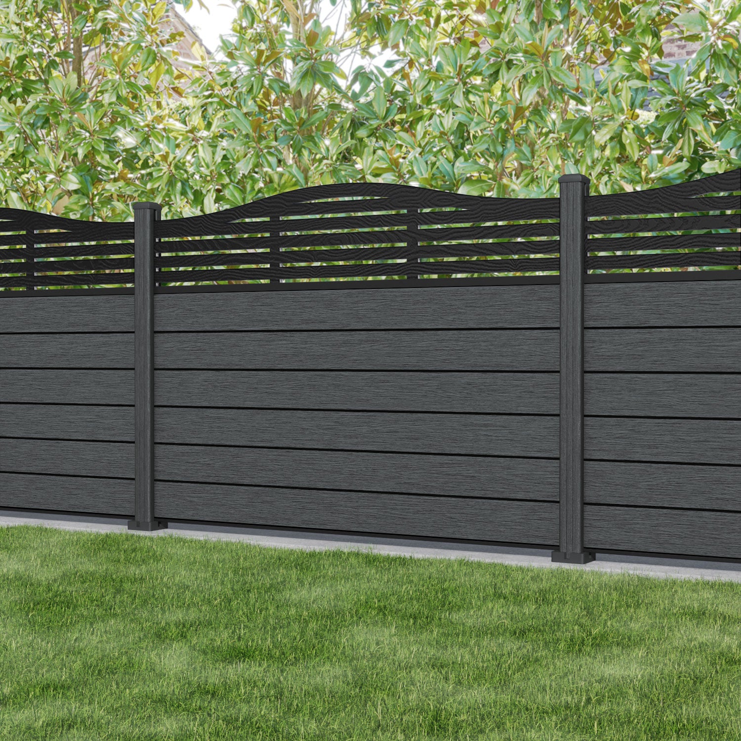Fusion Aspen Curved Top Fence Panel - Dark Grey - with our composite posts