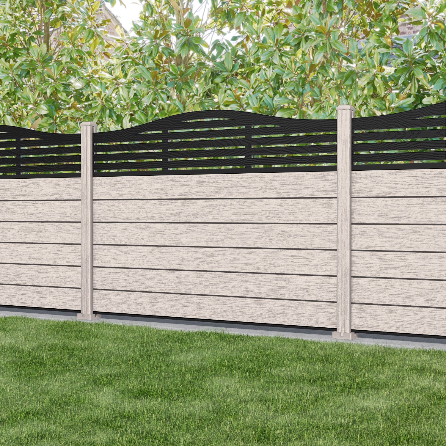 Fusion Aspen Curved Top Fence Panel - Mid Stone - with our composite posts