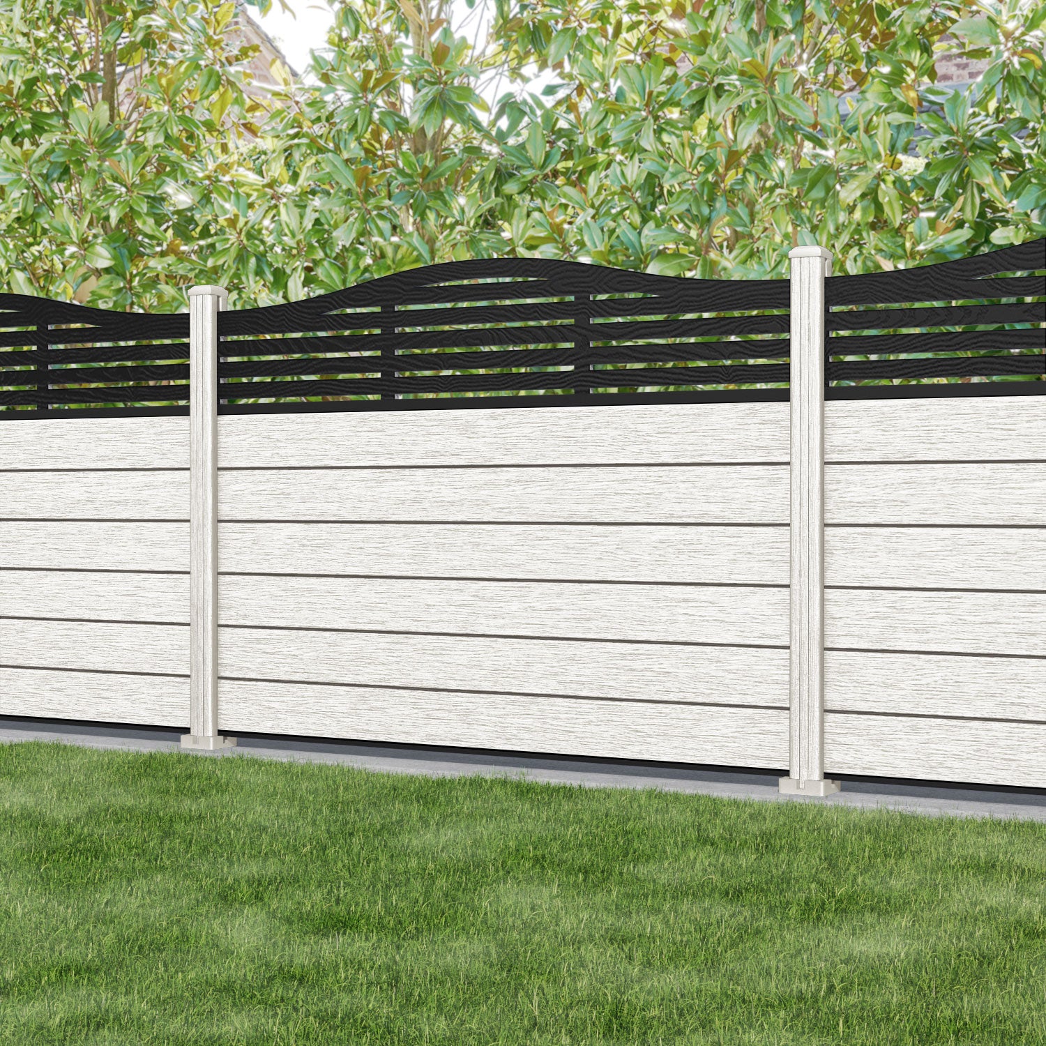 Fusion Aspen Curved Top Fence Panel - Light Stone - with our composite posts