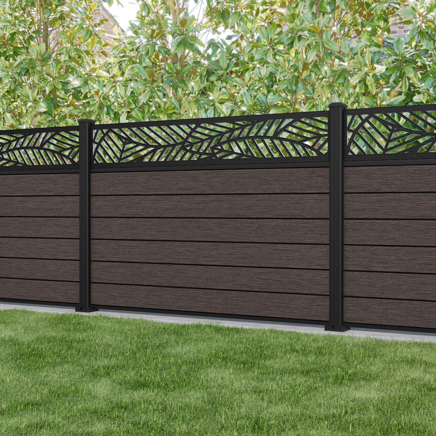 Fusion Habitat Fence Panel - Mid Brown - with our aluminium posts