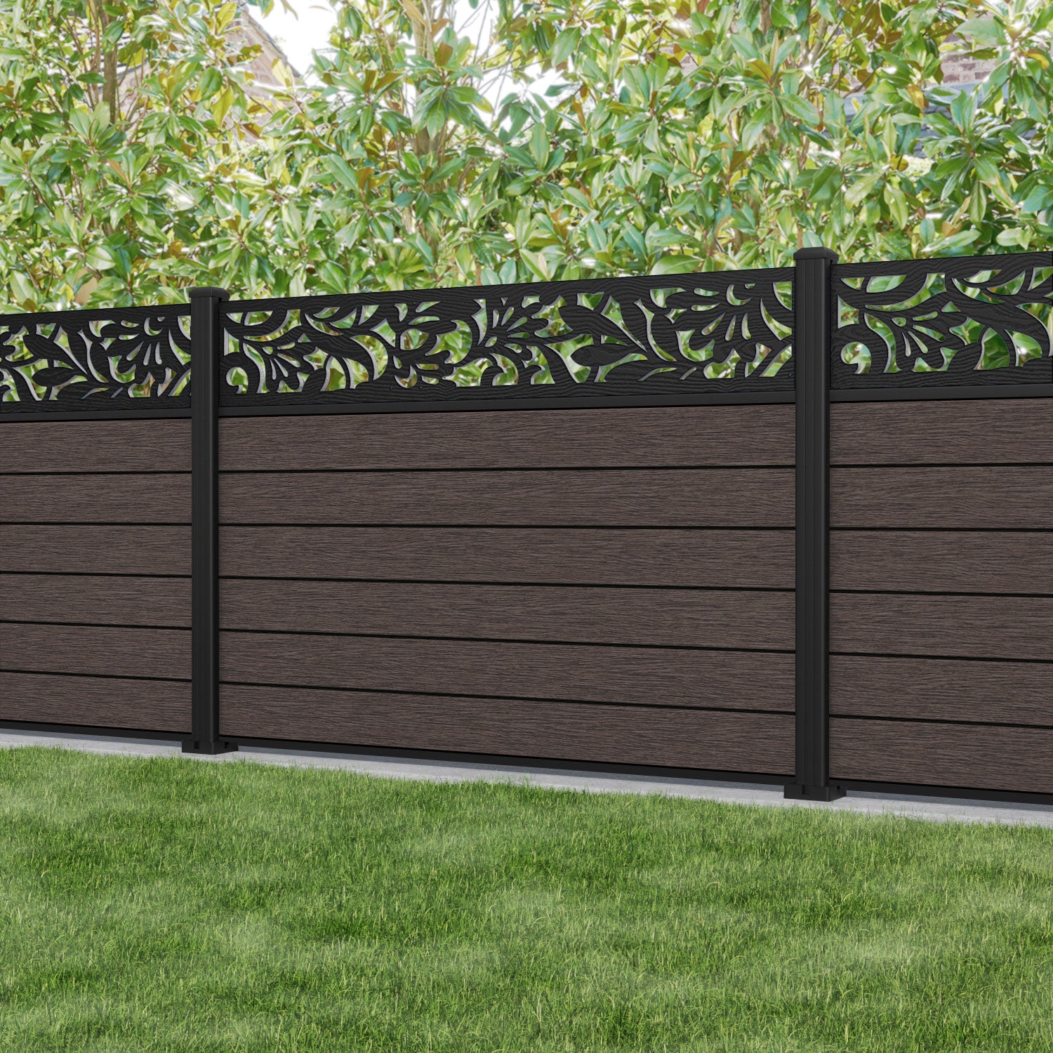 Fusion Heritage Fence Panel - Mid Brown - with our aluminium posts