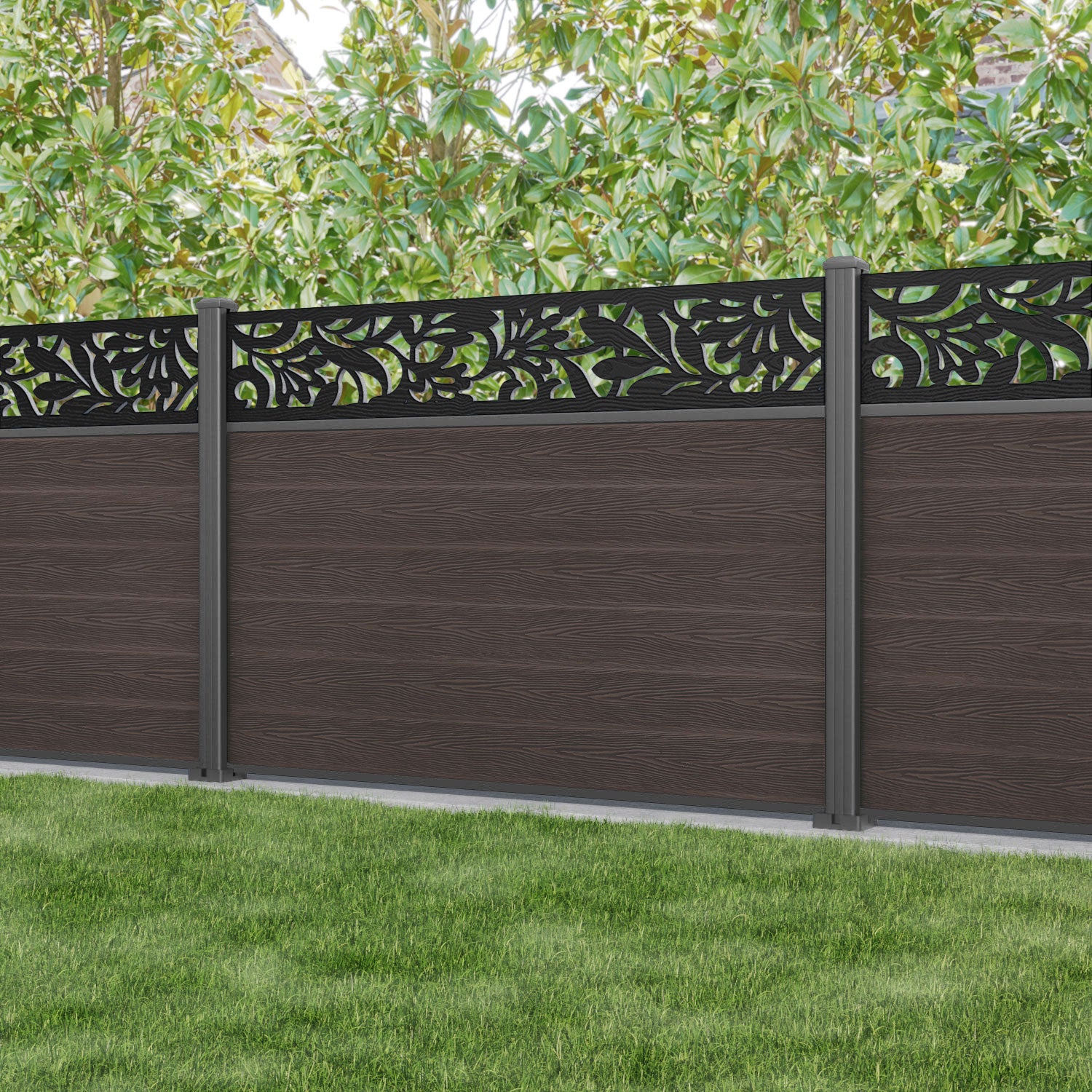 Classic Heritage Fence Panel - Mid Brown - with our aluminium posts