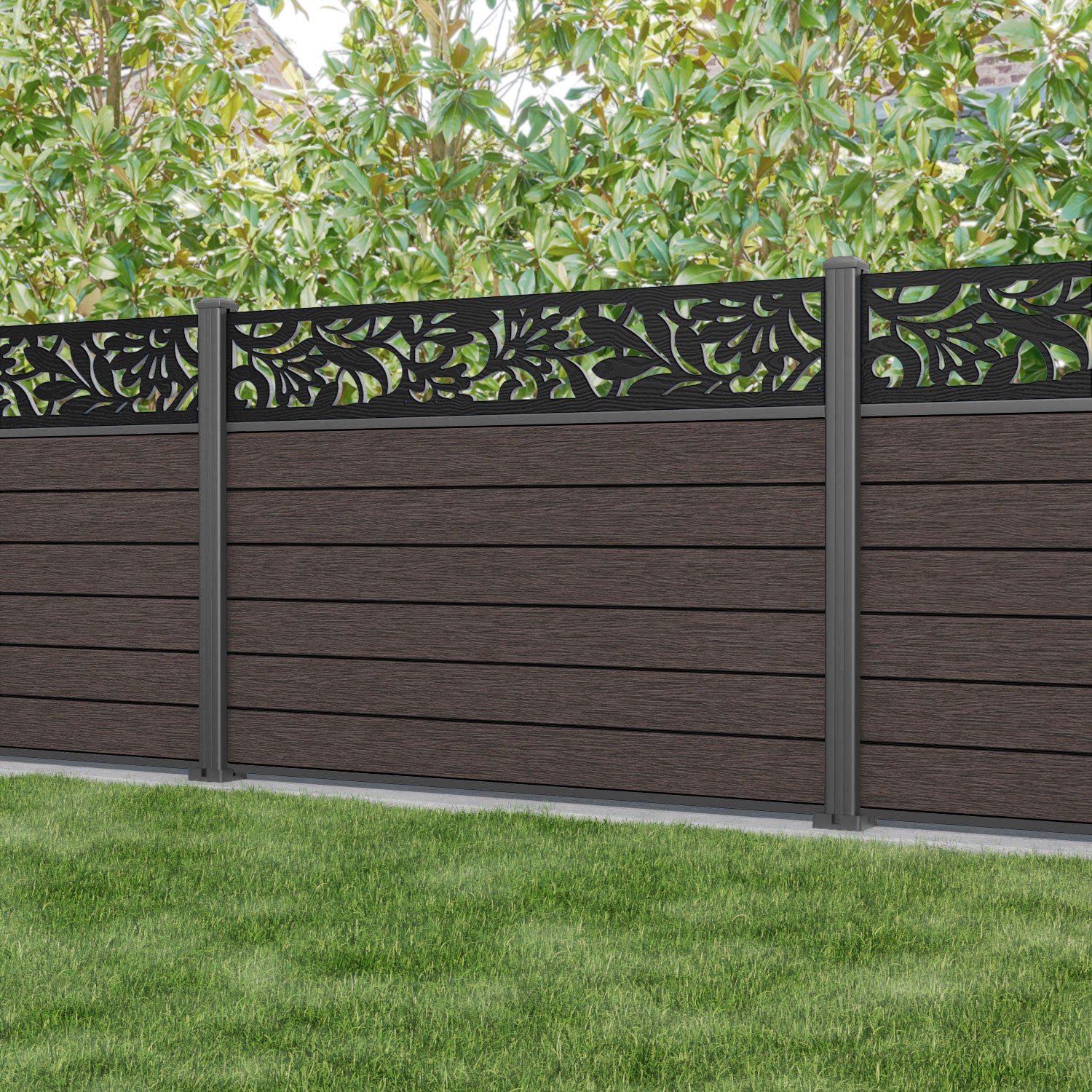 Fusion Heritage Fence Panel - Mid Brown - with our aluminium posts