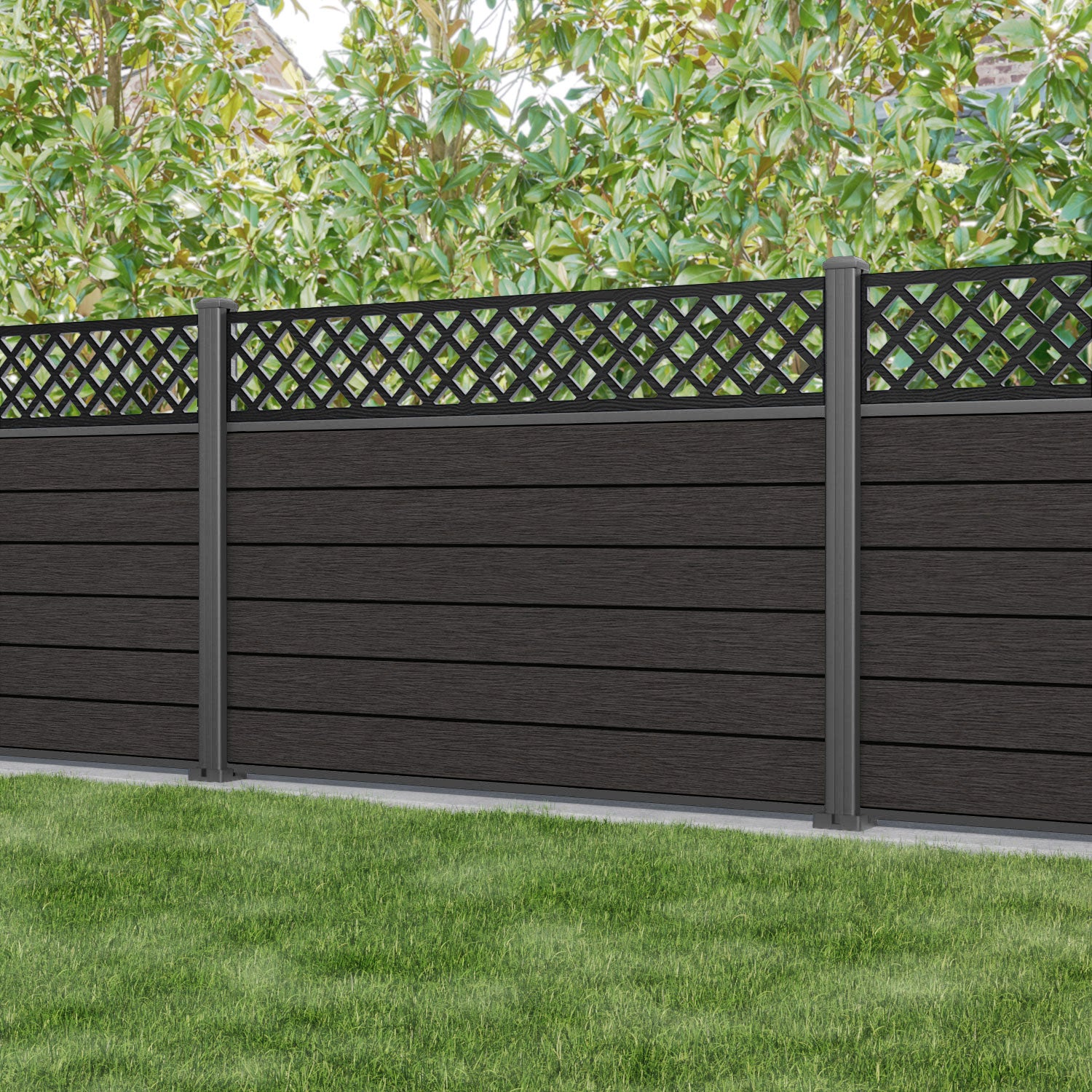 Fusion Hive Fence Panel - Dark Oak - with our aluminium posts