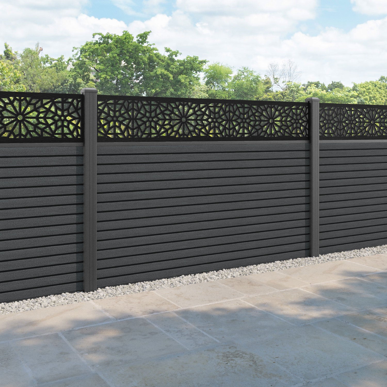 Hudson Alnara Fence Panel - Dark Grey - with our aluminium posts