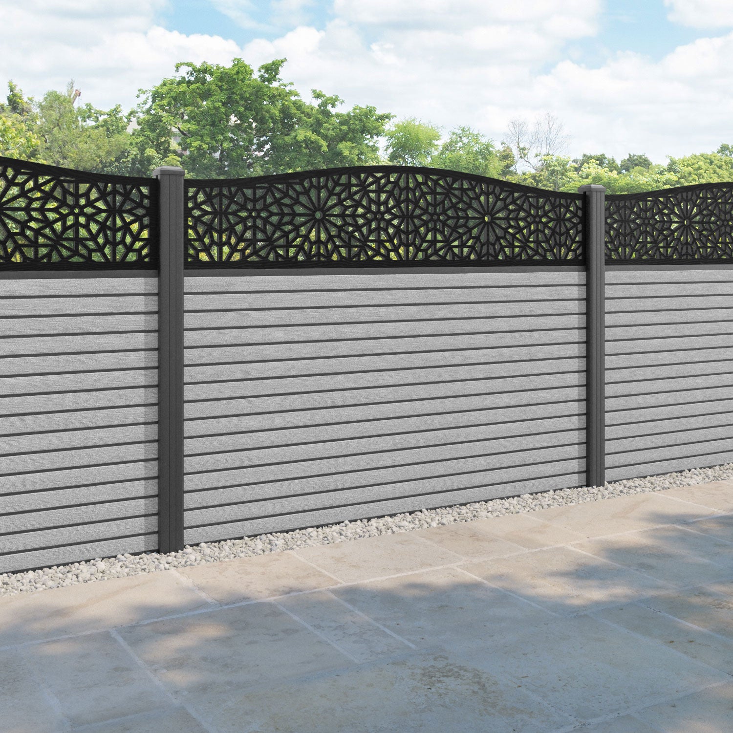 Hudson Alnara Curved Top Fence Panel - Light Grey - with our aluminium posts