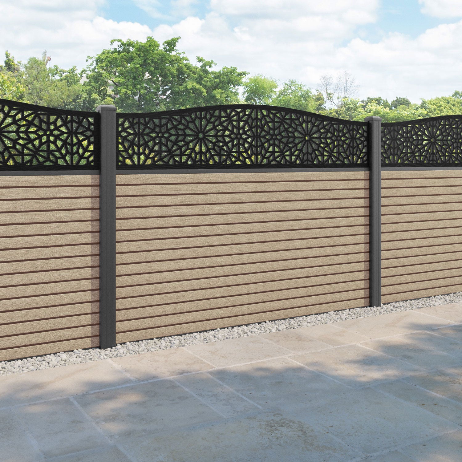 Hudson Alnara Curved Top Fence Panel - Light Oak - with our aluminium posts