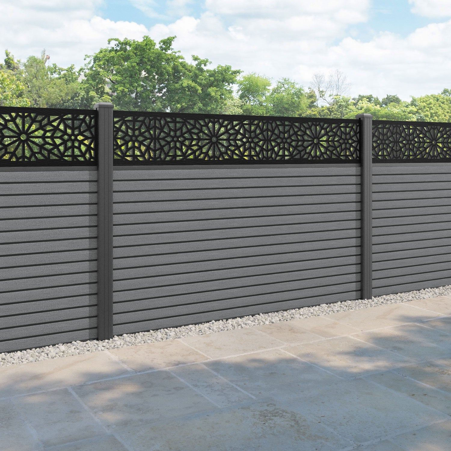 Hudson Alnara Fence Panel - Mid Grey - with our aluminium posts