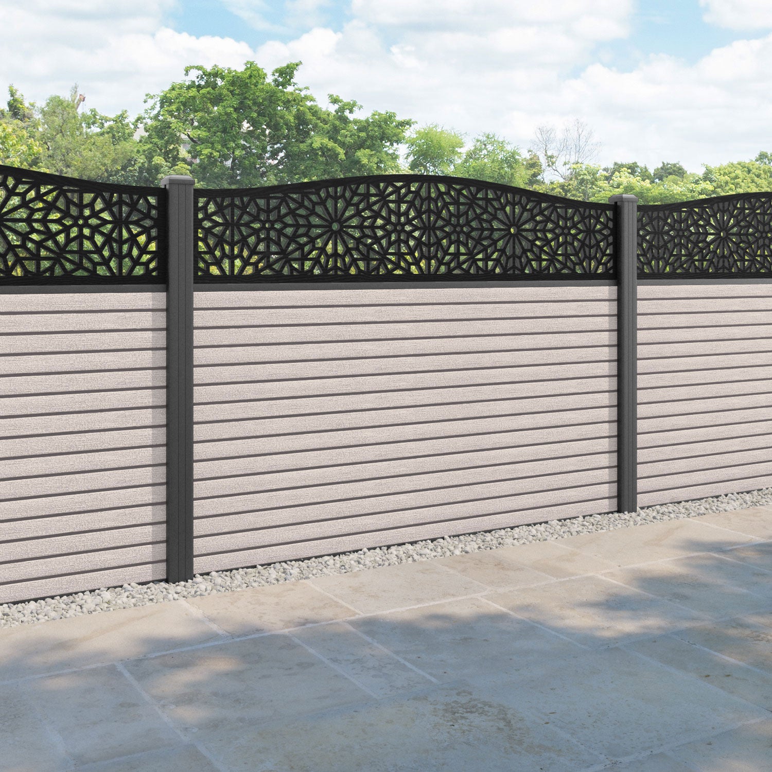 Hudson Alnara Curved Top Fence Panel - Mid Stone - with our aluminium posts