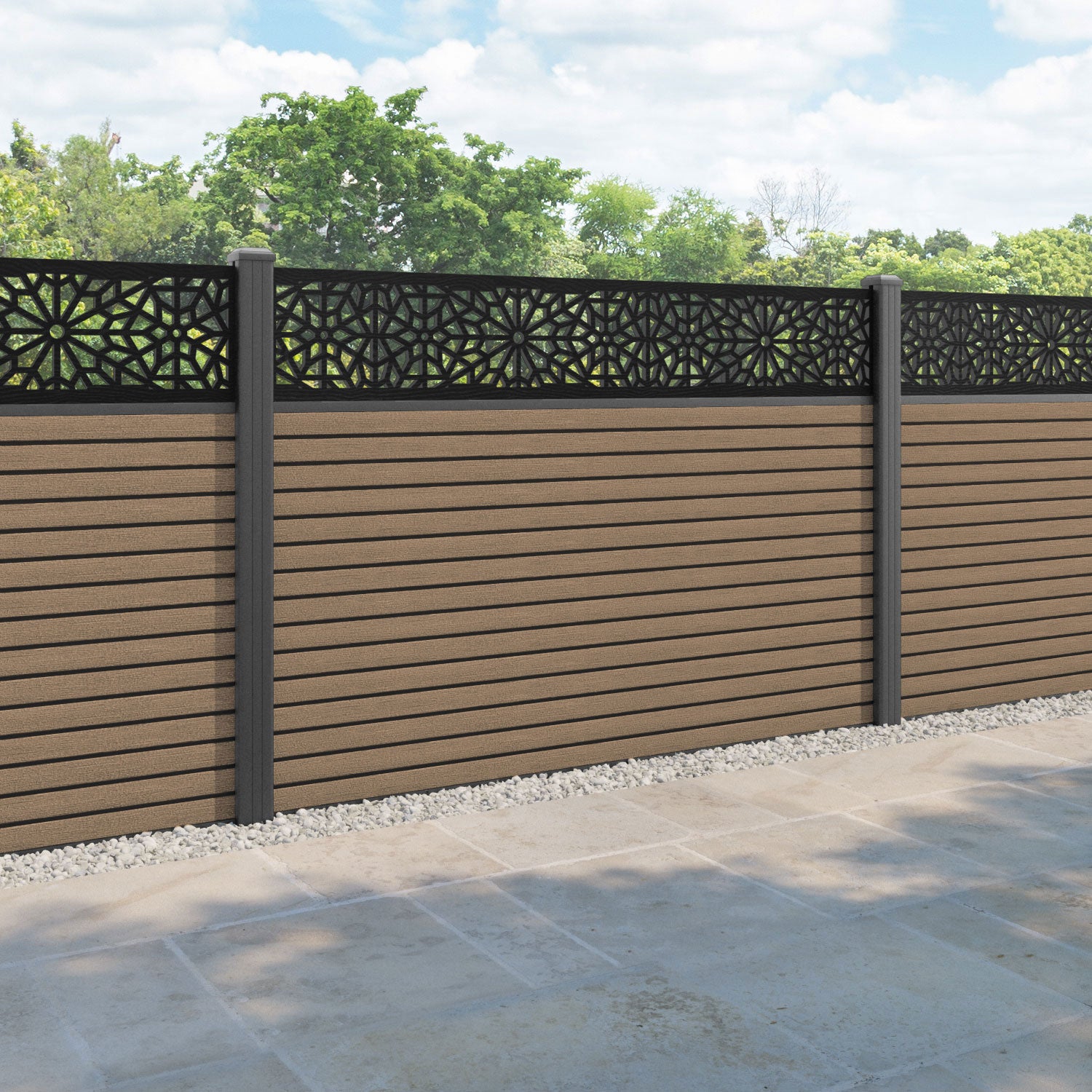 Hudson Alnara Fence Panel - Teak - with our aluminium posts