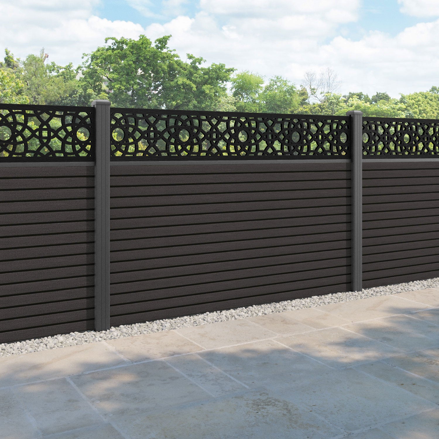 Hudson Ambar Fence Panel - Dark Oak - with our aluminium posts