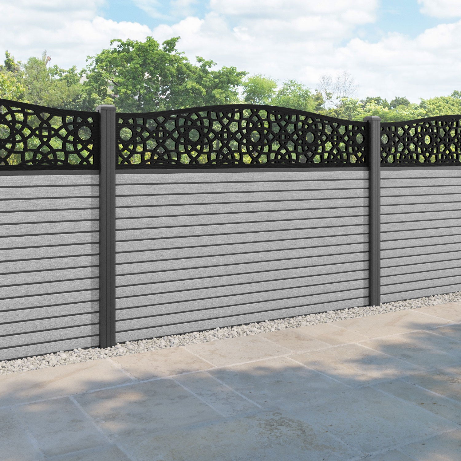 Hudson Ambar Curved Top Fence Panel - Light Grey - with our aluminium posts