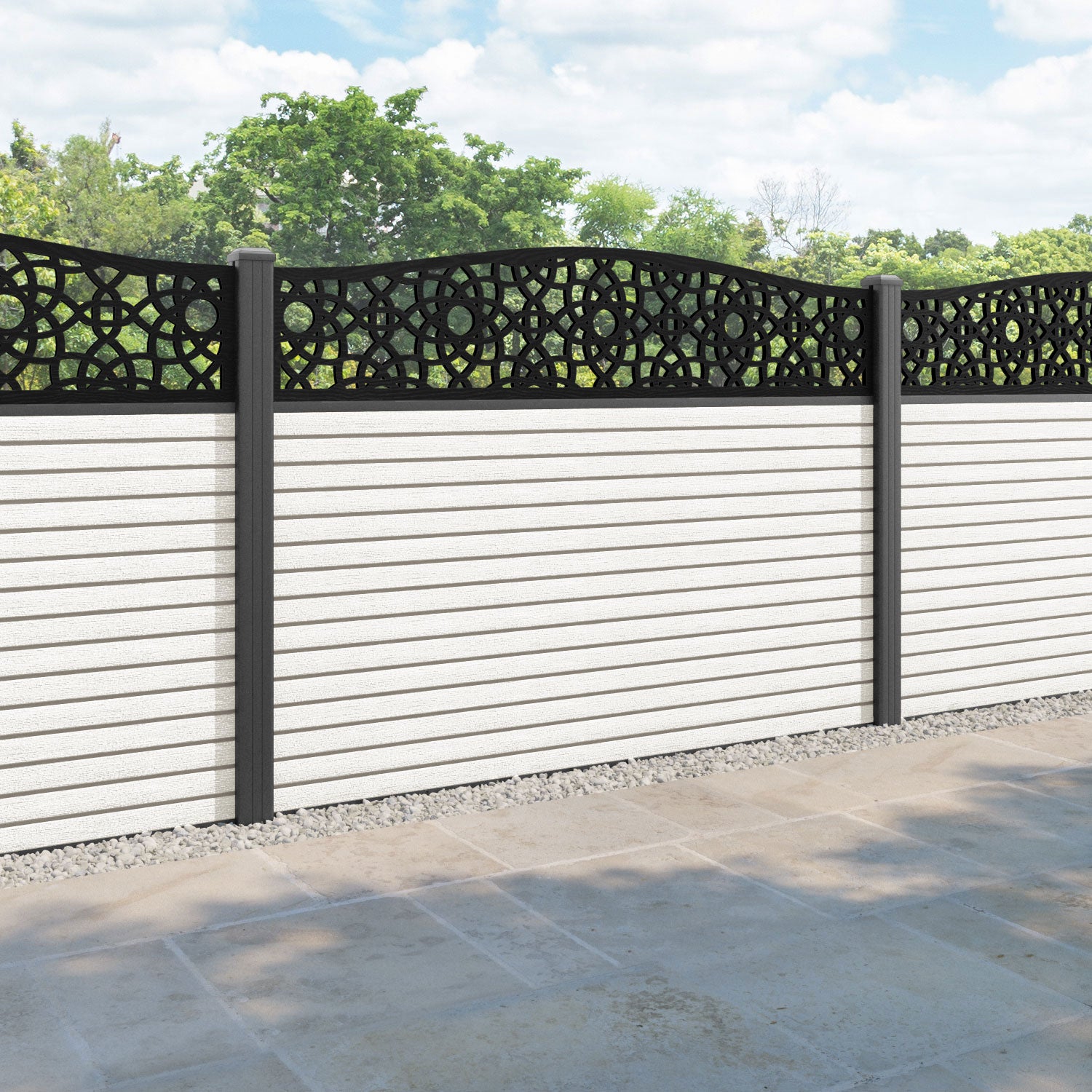 Hudson Ambar Curved Top Fence Panel - Light Stone - with our aluminium posts
