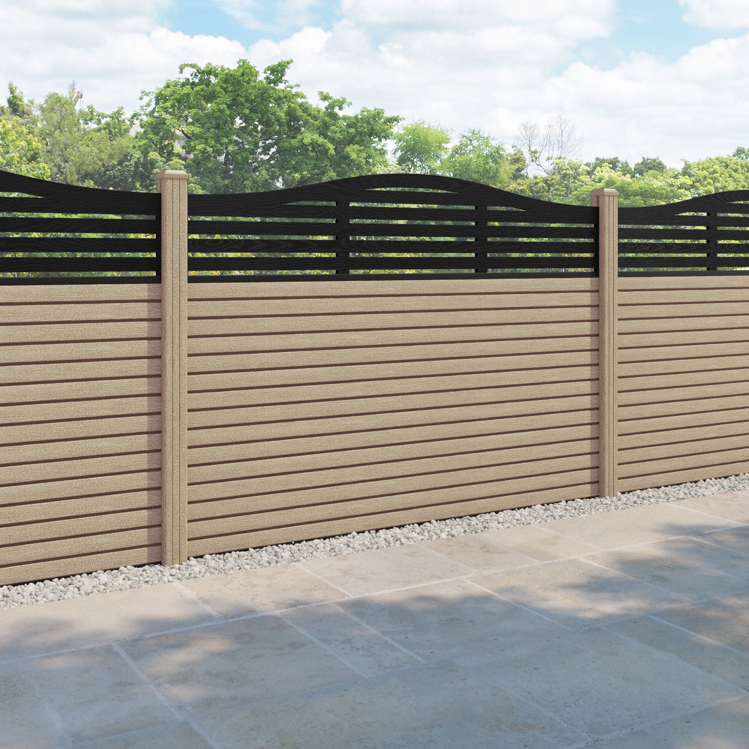 Hudson Aspen Curved Top Fence Panel - Light Oak - with our composite posts