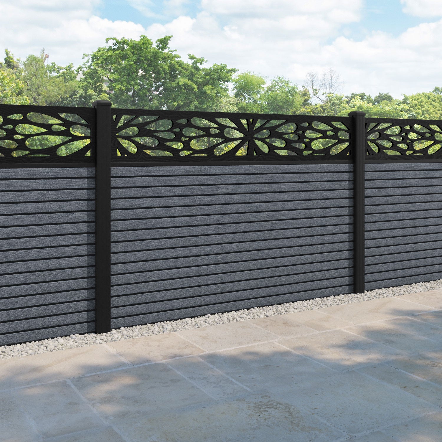 Hudson Blossom Fence Panel - Anthracite - with our aluminium posts
