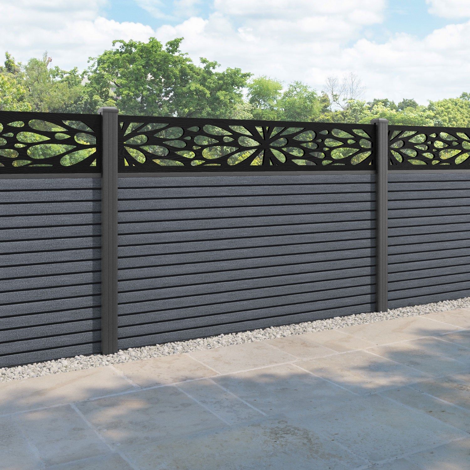 Hudson Blossom Fence Panel - Anthracite - with our aluminium posts