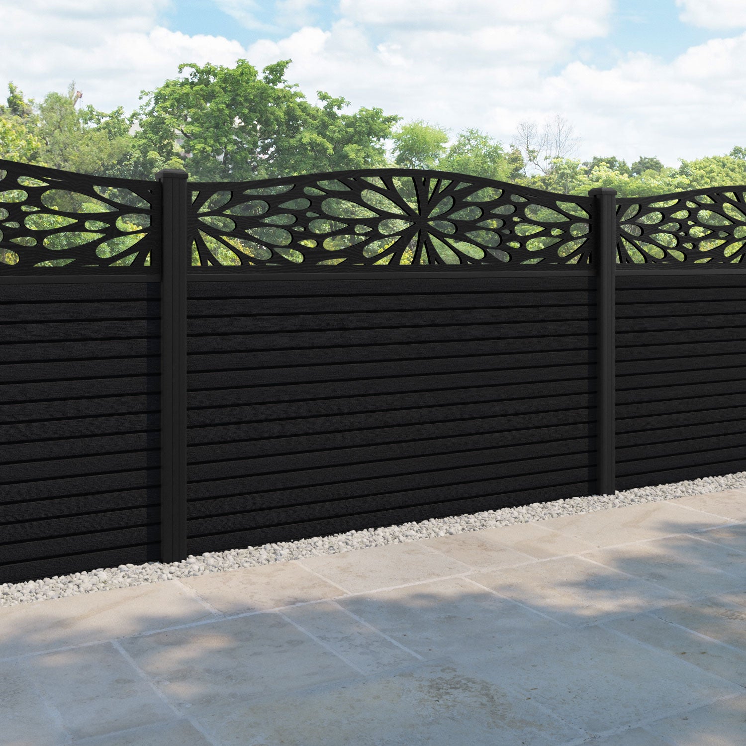 Hudson Blossom Curved Top Fence Panel - Black - with our aluminium posts