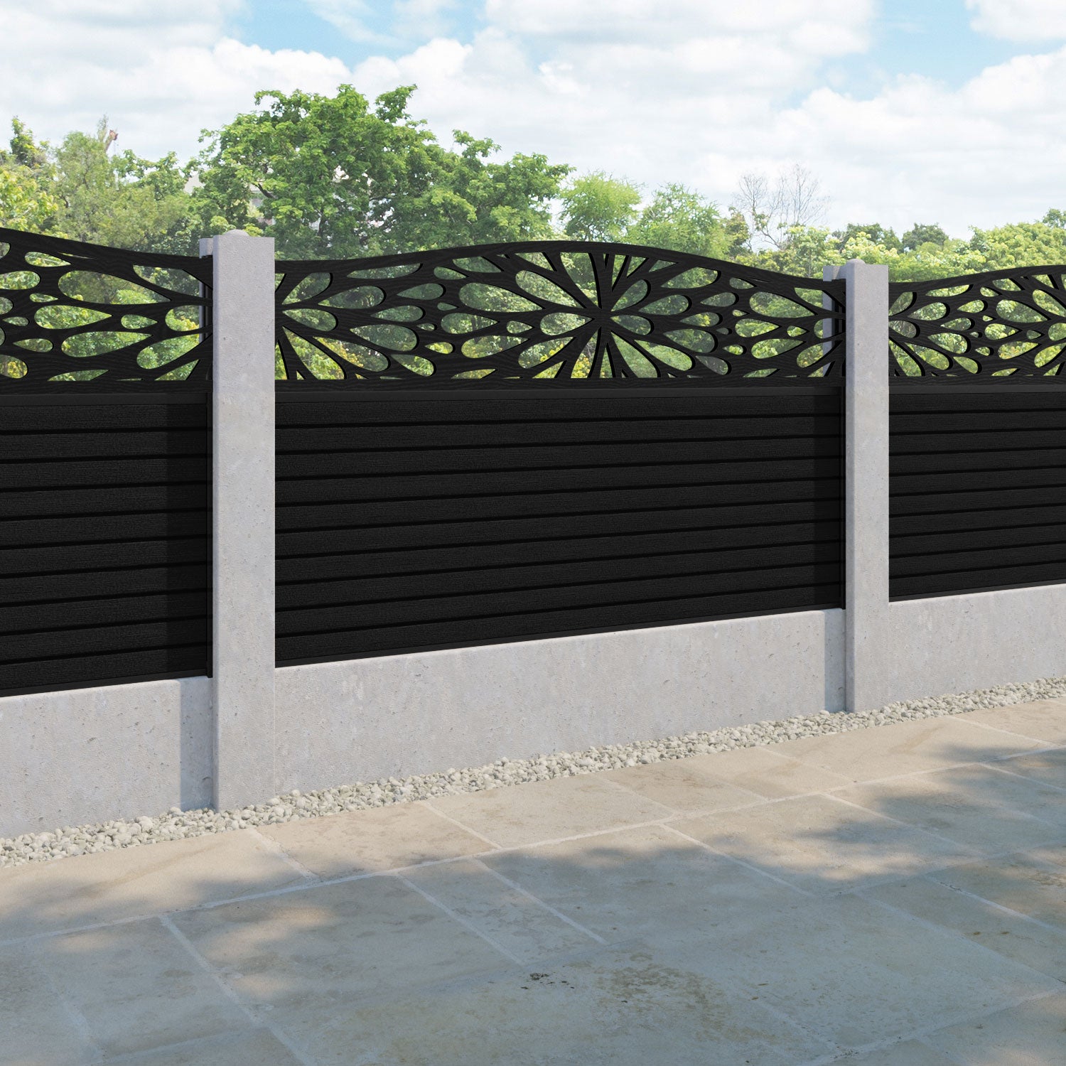 Hudson Blossom Curved Top Fence Panel - Black - for existing concrete posts