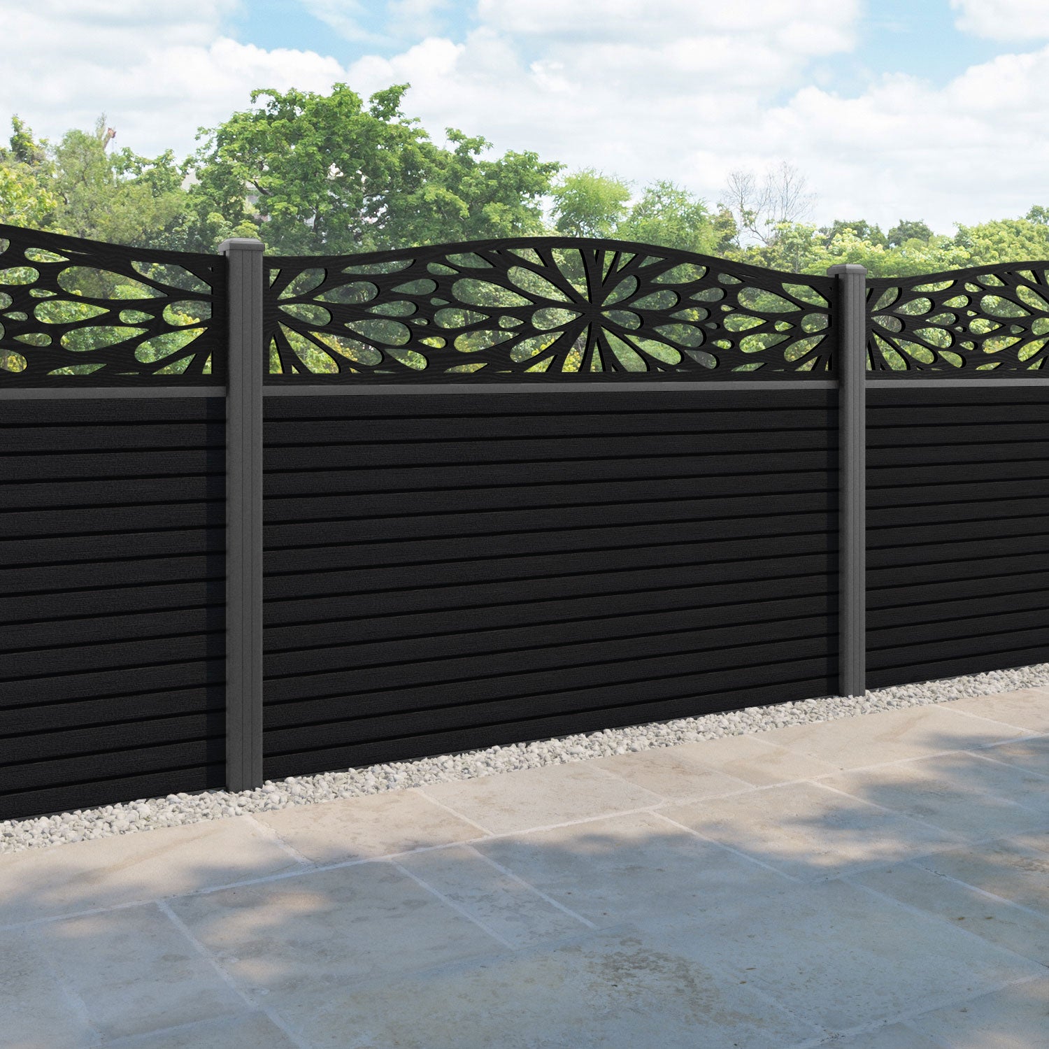 Hudson Blossom Curved Top Fence Panel - Black - with our aluminium posts