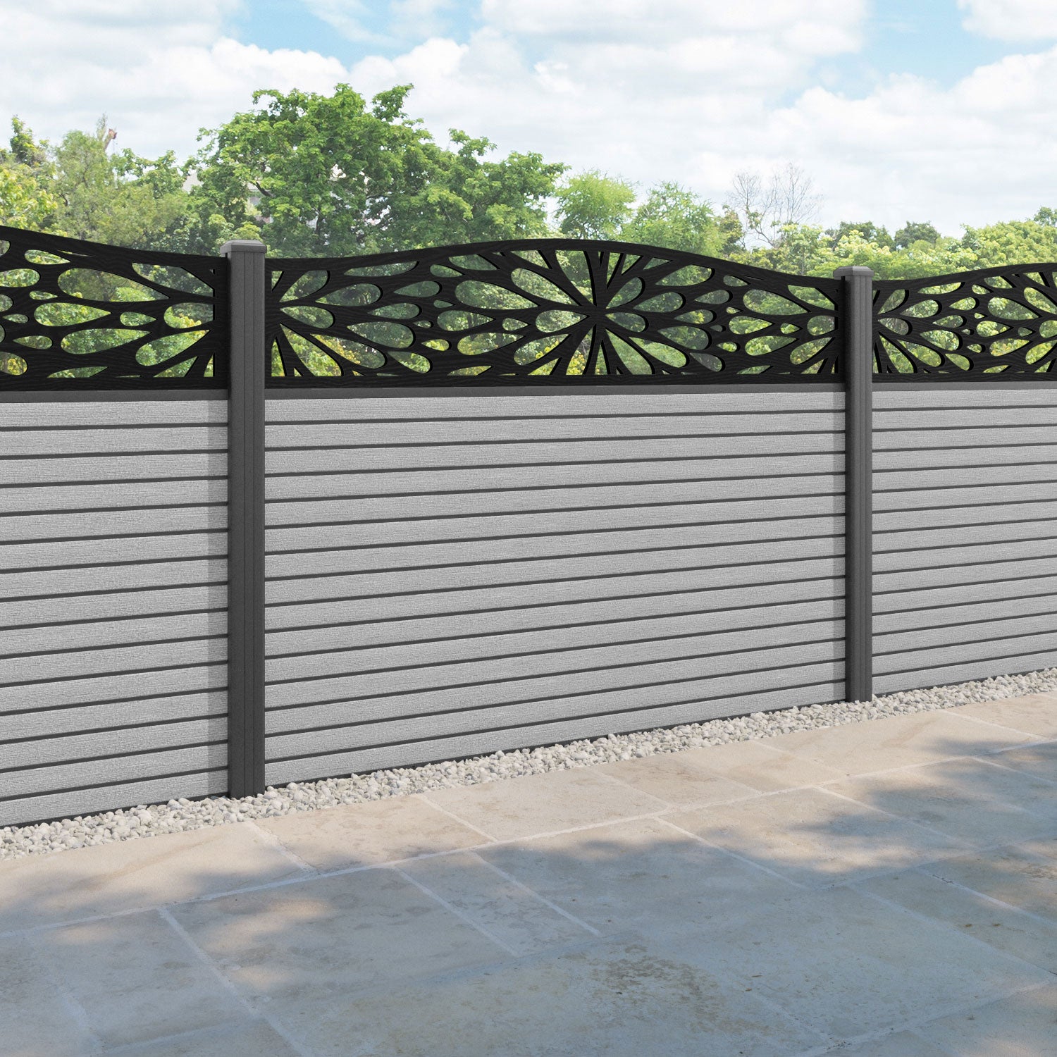 Hudson Blossom Curved Top Fence Panel - Light Grey - with our aluminium posts