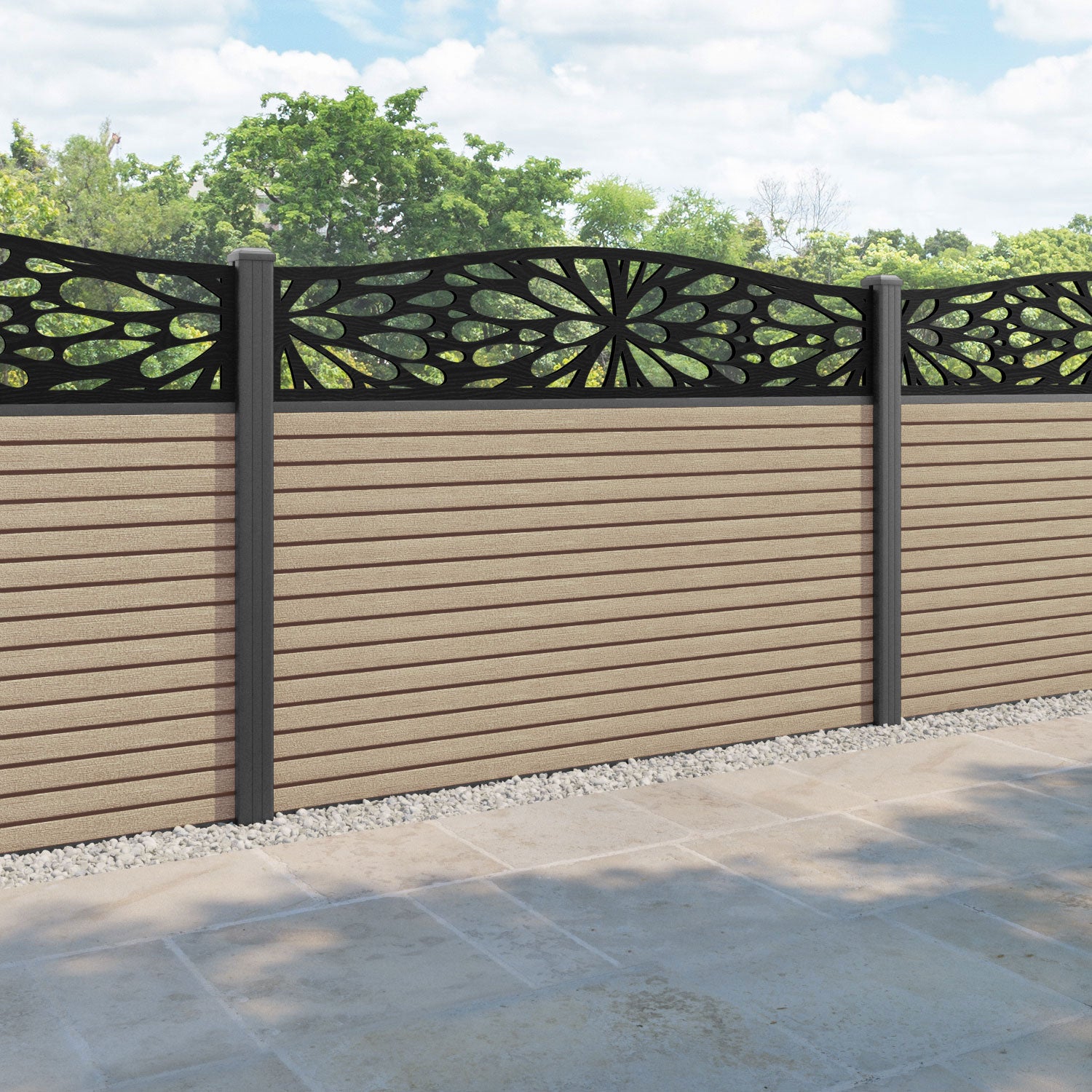 Hudson Blossom Curved Top Fence Panel - Light Oak - with our aluminium posts