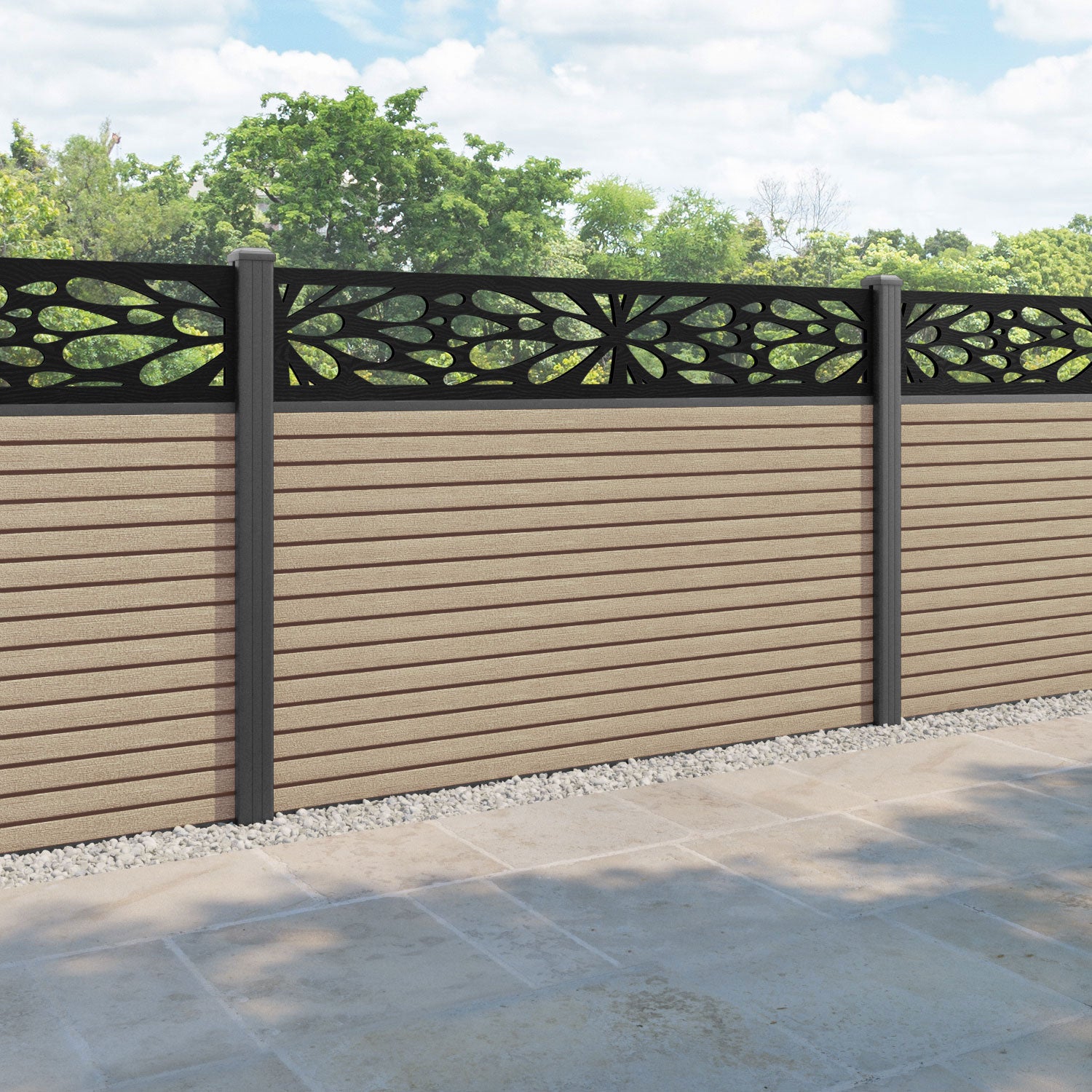Hudson Blossom Fence Panel - Light Oak - with our aluminium posts