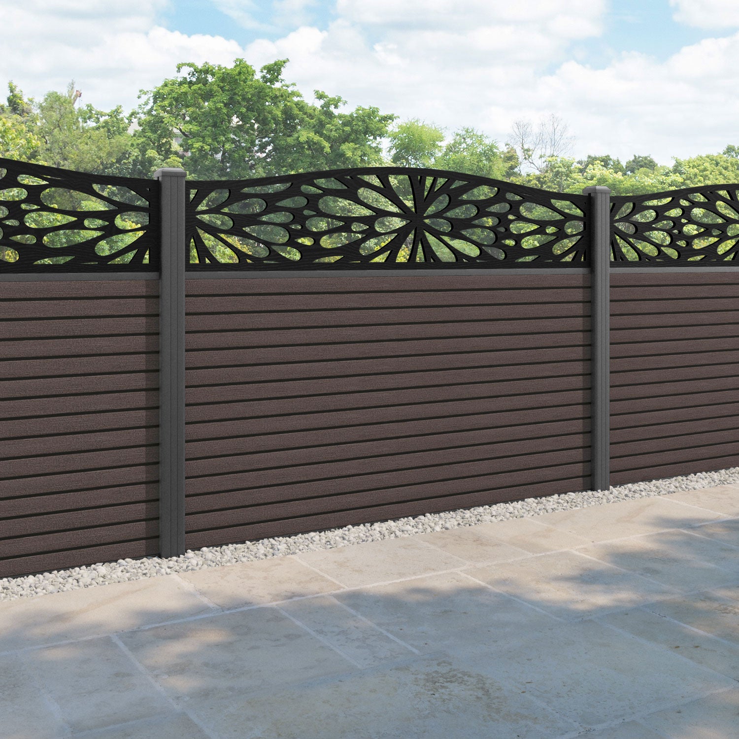 Hudson Blossom Curved Top Fence Panel - Mid Brown - with our aluminium posts