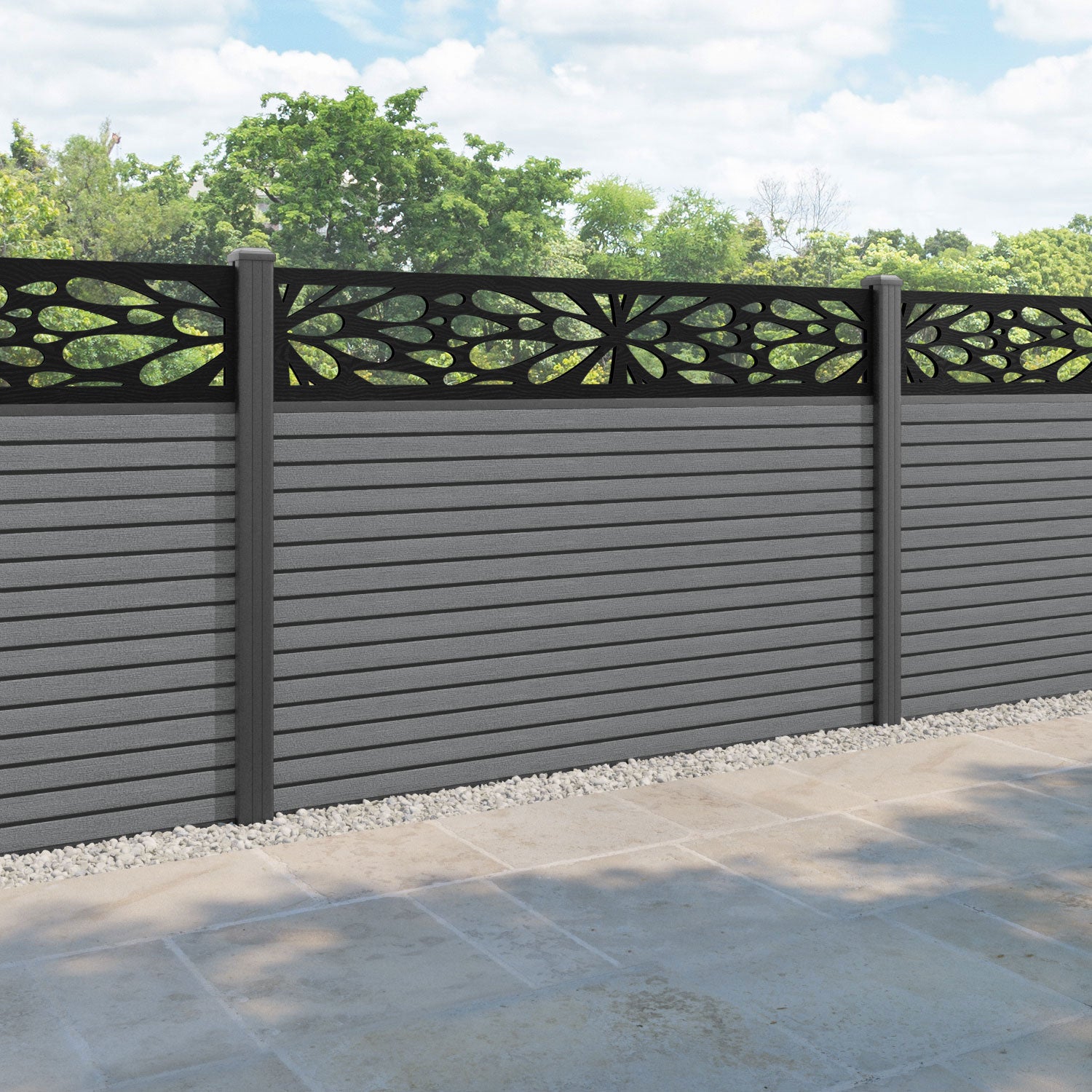 Hudson Blossom Fence Panel - Mid Grey - with our aluminium posts