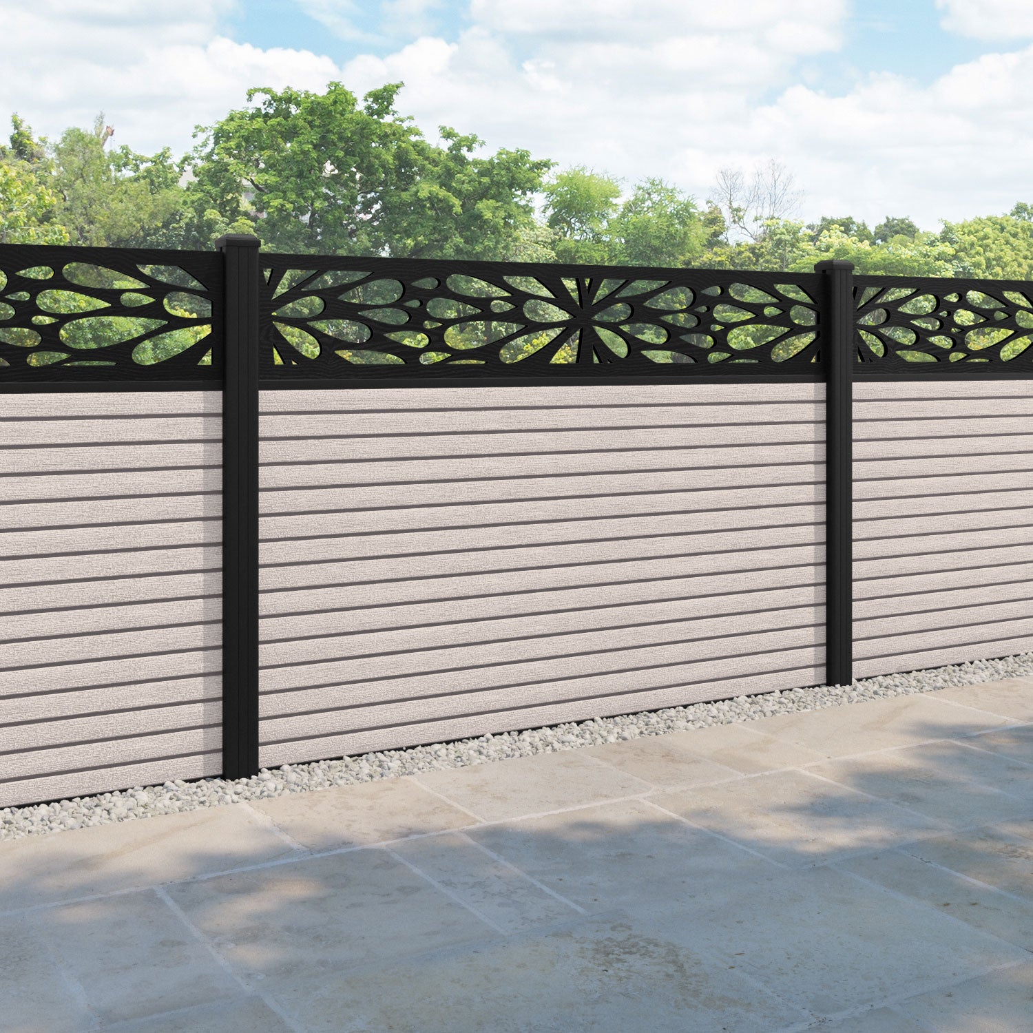 Hudson Blossom Fence Panel - Mid Stone - with our aluminium posts