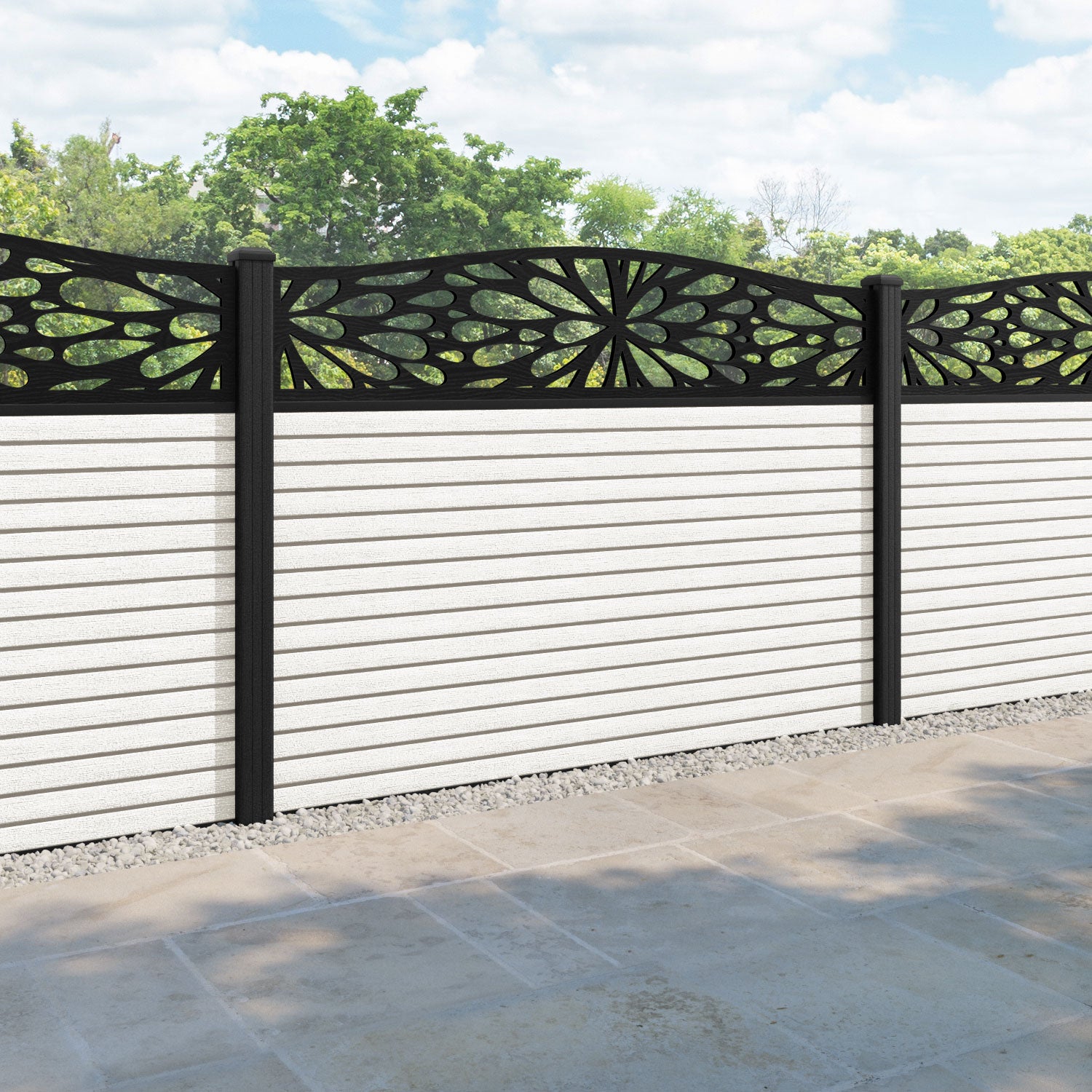Hudson Blossom Curved Top Fence Panel - Light Stone - with our composite posts