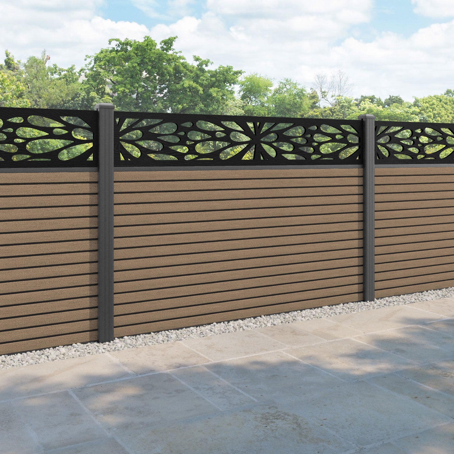 Hudson Blossom Fence Panel - Teak - with our aluminium posts
