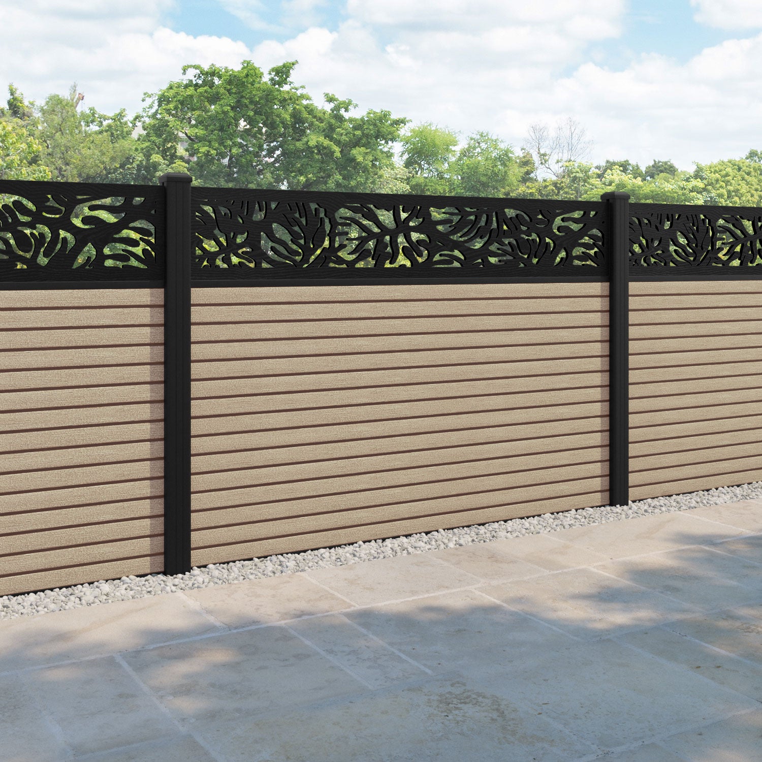 Hudson Botanic Fence Panel - Light Oak - with our aluminium posts