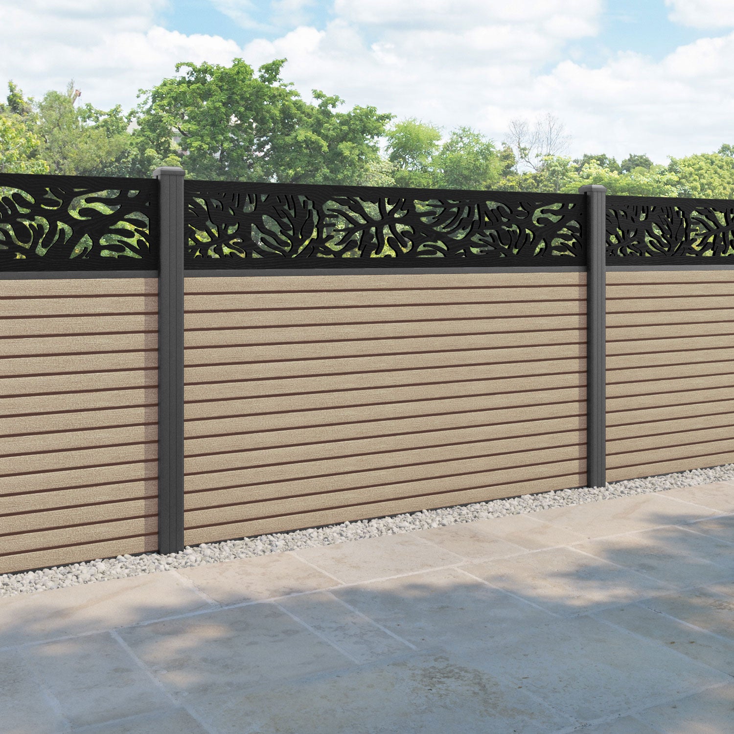 Hudson Botanic Fence Panel - Light Oak - with our aluminium posts