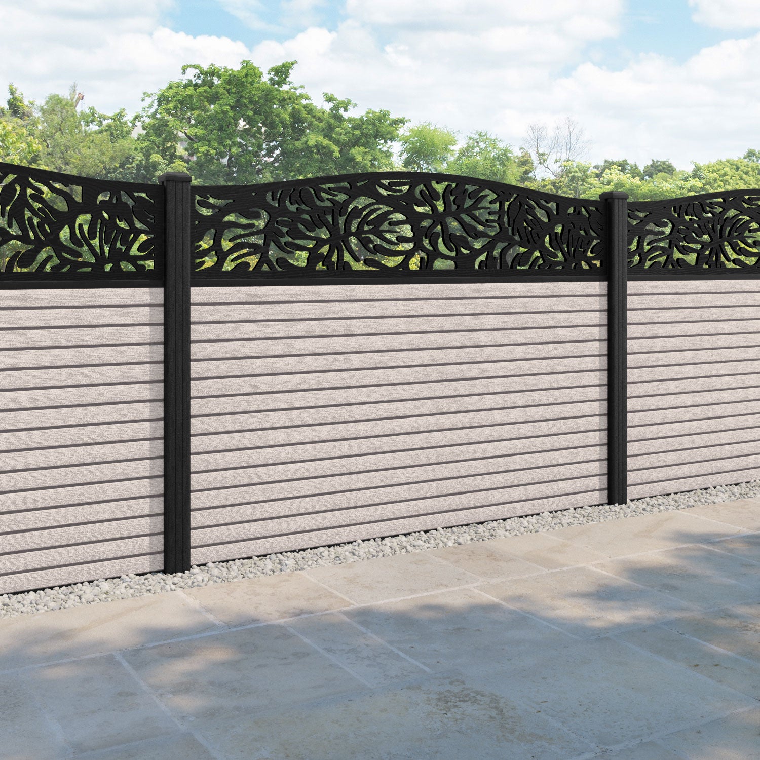 Hudson Botanic Curved Top Fence Panel - Mid Stone - with our composite posts