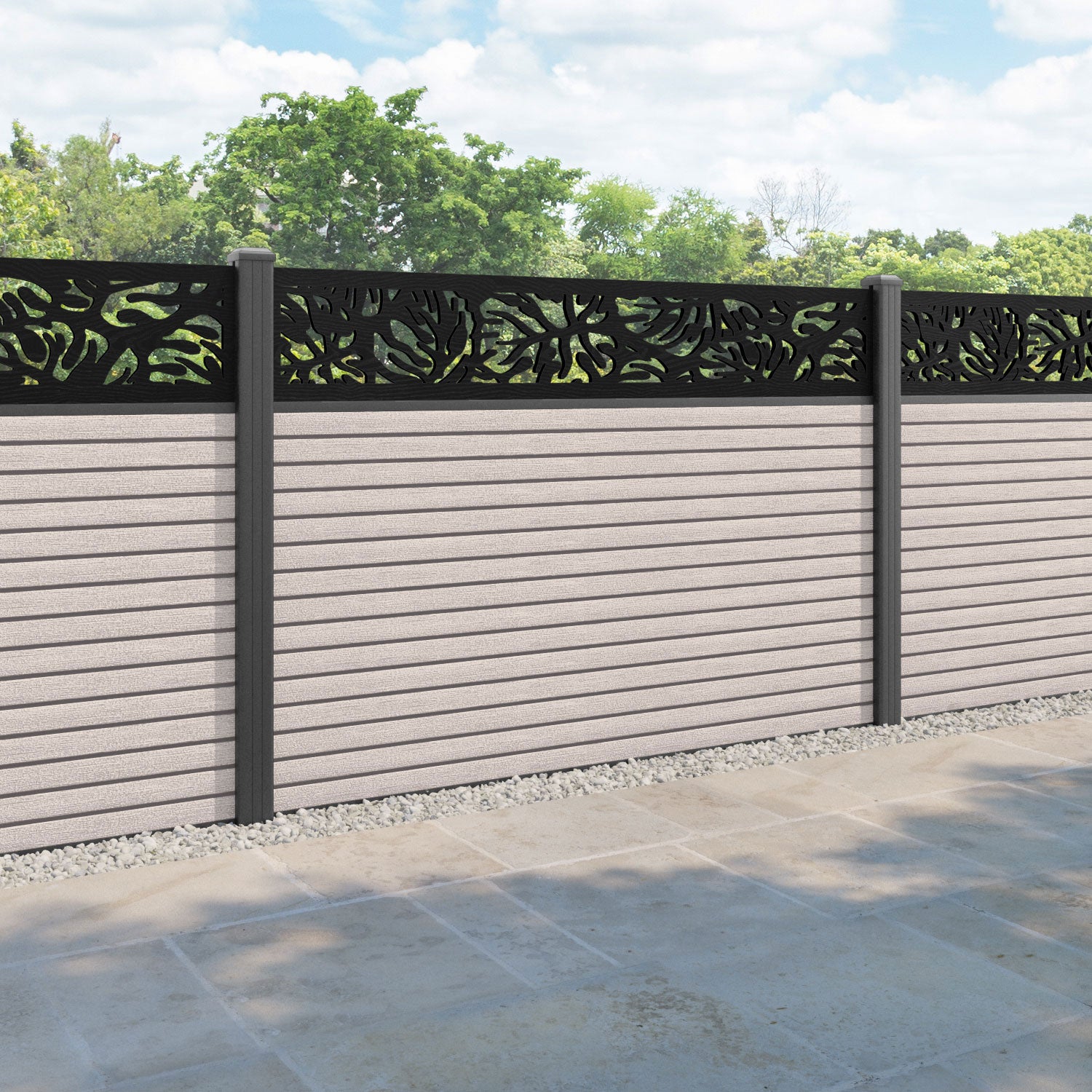 Hudson Botanic Fence Panel - Mid Stone - with our aluminium posts