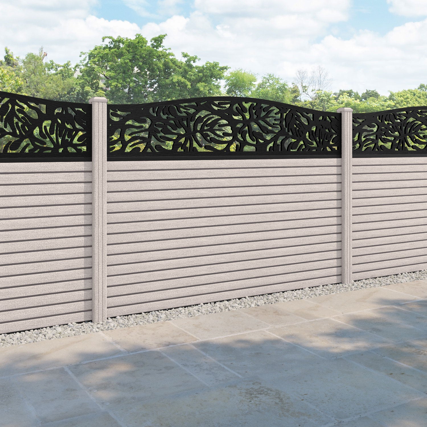 Hudson Botanic Curved Top Fence Panel - Mid Stone - with our composite posts