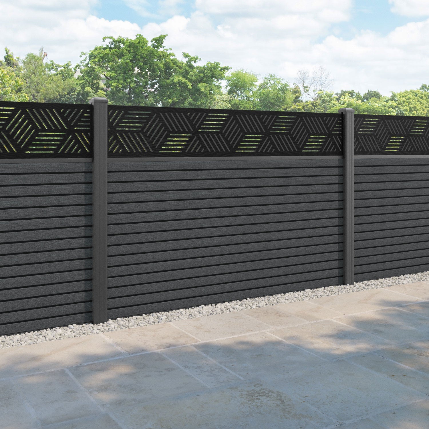 Hudson Cubed Fence Panel - Dark Grey - with our aluminium posts