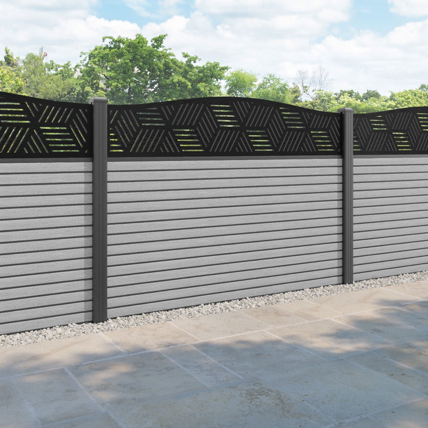 Hudson Cubed Curved Top Fence Panel - Light Grey - with our aluminium posts