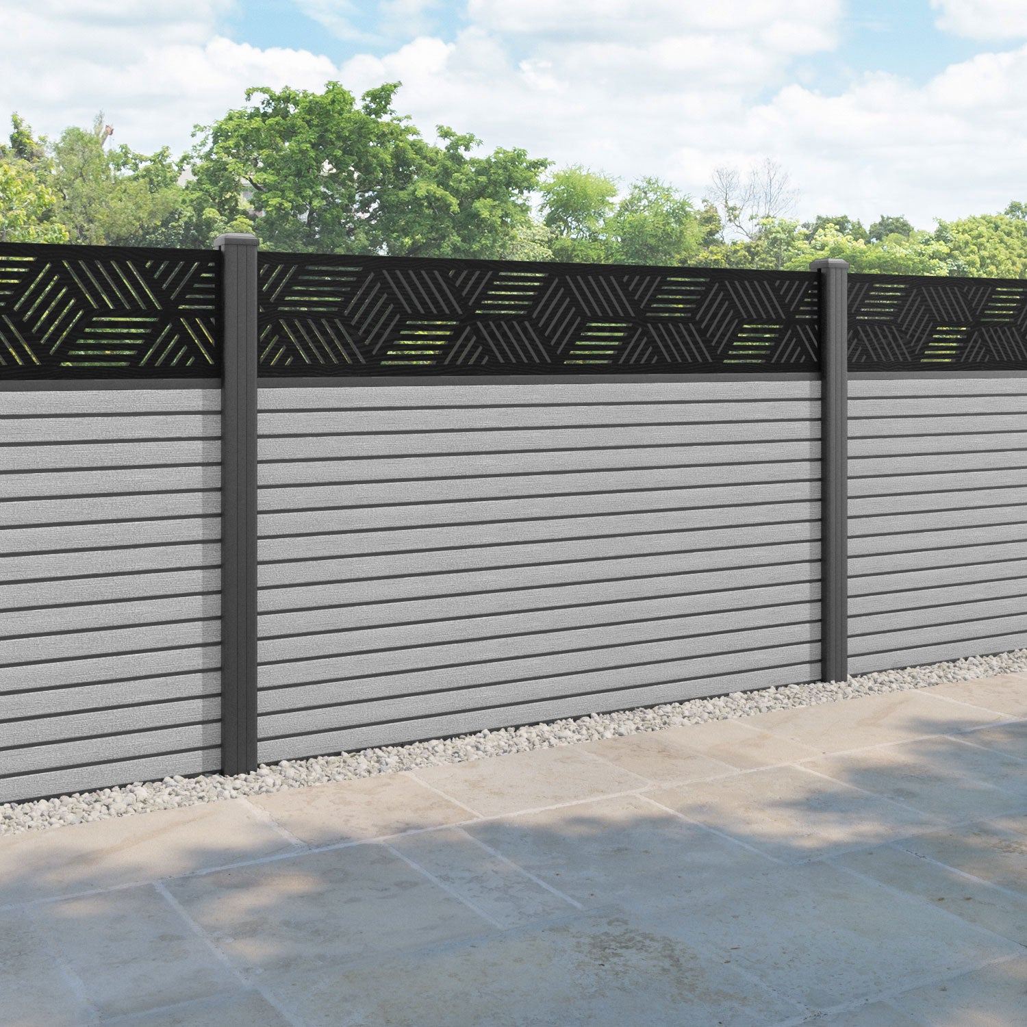 Hudson Cubed Fence Panel - Light Grey - with our aluminium posts