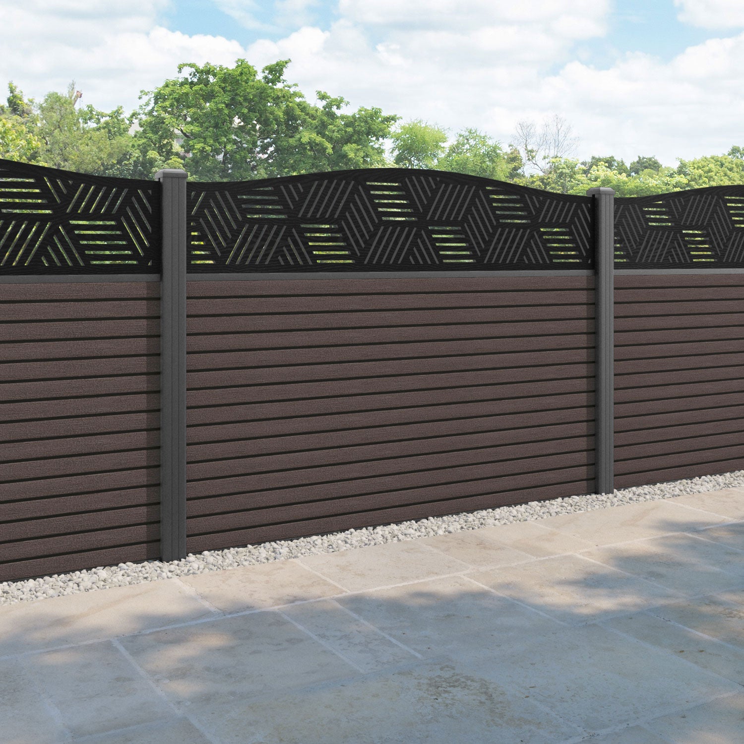 Hudson Cubed Curved Top Fence Panel - Mid Brown - with our aluminium posts